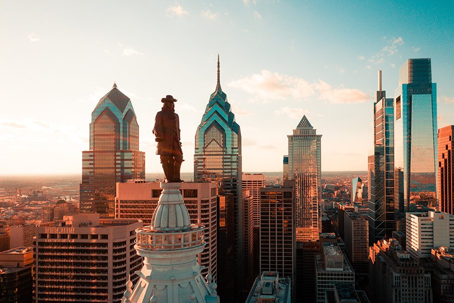 Philadelphia, PA - Aerial of Philadelphia City Skyscrapers at Sunset